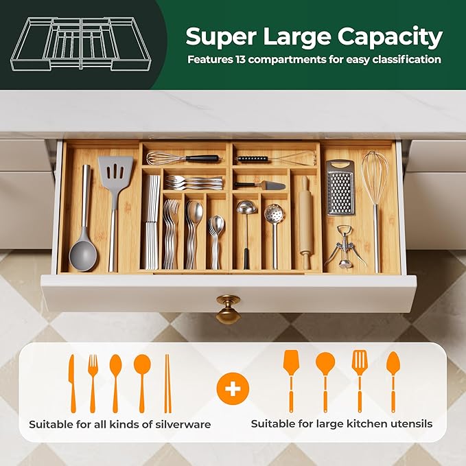Large Silverware Organizer, 13 Slots Magnetic Connected Expandable Bamboo Utensil Drawer Organizer From 21 to 37.4 Inches, Adjustable Flatware and Cutlery Holder, Utensil Tray for Kitchen Natural