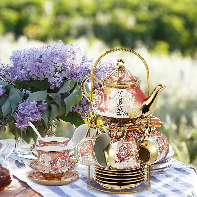 Zhehao 20 Pcs Porcelain Tea Set with Metal Holder and Spoon Adult Ceramic Tea Set European Flower Painting Teapot Cup Saucer Spoon for Women Mom Gift, Large Version (Noble Style)