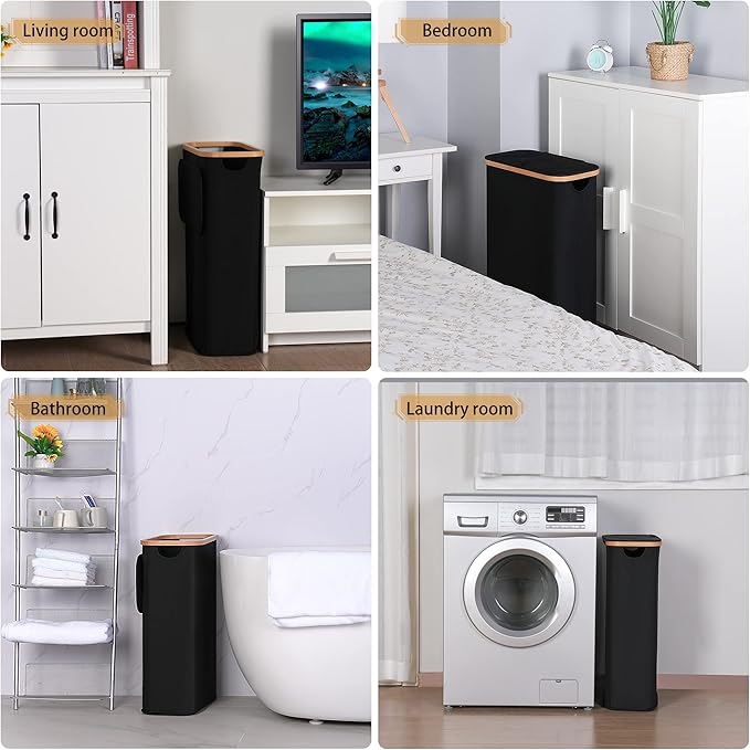 iEGrow 60L Slim Laundry Hamper, Narrow Laundry Basket with Lid,Foldable Clothes Hamper with Bamboo Handles,Hamper Basket with Removable Inner Bag for Laundry Room Bedroom College Dorm,Black