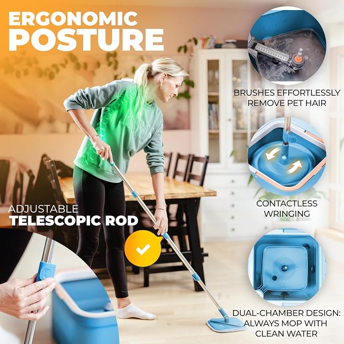 Spin Mop and Bucket Set with Wringer – Dual-Chamber Self Wringing Mop, Flat Microfiber Mop for Hardwood, Tile & Vinyl Floors, 2 Washable Replacement Heads, 63" Handle, Blue