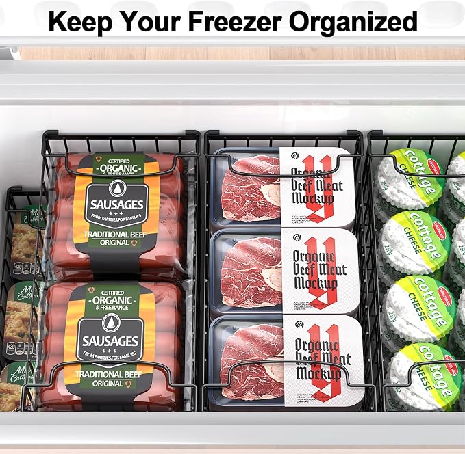 Freezer Organizer Bins, 4 Pack Big Baskets for 5/ 7 Cu.FT Deep Freezer | Stackable Chest Freezer Organizer Bins, Foldable Baskets with Handles, Black Storage Container Baskets for Sort Frozen Meats