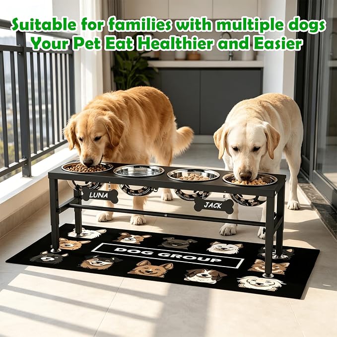 SHAINFUN Adjustable Height Dog Bowl Stand with 4 Bowls for Multi-Dog Homes– Elevated Dog Bowls for Large Breeds with Anti-Slip Mat, Raised Feeding Station with Stainless Steel Bowls