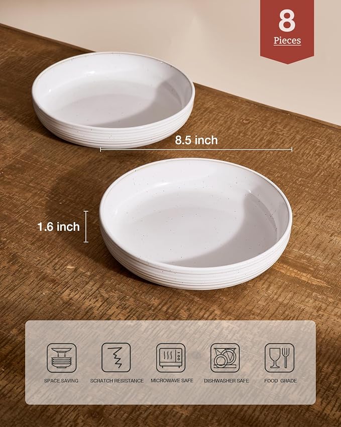 famiware Milkyway 33 oz Bowl Set, Pasta Bowls Set of 8, Salad Bowls, Double Reactive Glaze, Sturdy & Stackable, Ideal for Housewarming, Festivals, White with Speckles