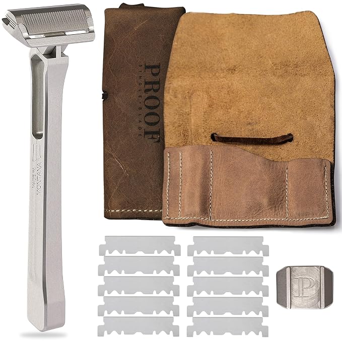 PROOF Select Single Blade Razor for Men with Pivoting Head Made in USA - CNC Machined Aluminum Easy Blade Replacement - Includes Genuine Leather Travel Case, Suction Cup Holder and Safety Razor Blades | Pivoting Head, CNC Machined Aluminum Metal Shaver...