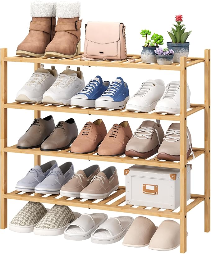 viewcare 4-Tier Bamboo Shoe Rack for Entryway, Stackable | Foldable | Natural, Shoe Organizer for Hallway Closet, Free Standing Shoe Racks for Indoor Outdoor