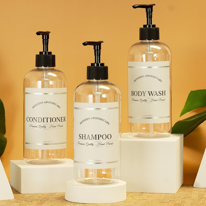 Clear Refillable Shampoo and Conditioner Bottles - Body Wash, Shampoo and Conditioner Dispenser - PET Plastic Shampoo Bottles Refillable with Pump - Waterproof Labels - 16 oz, 3 Pack (Black Plastic)
