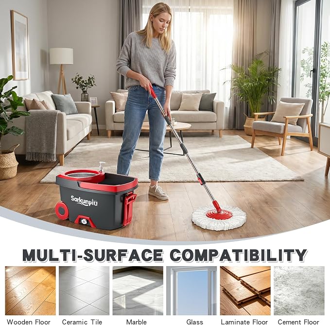 Mop and Bucket Set with 6 Replacement Microfiber Heads, Dark Grey | Spin mop with wringer, 61-inch extra-long handle, spinning mopping floor cleaning system for home floors