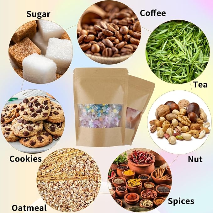 150 Kraft Mylar Bags for Food Storage 5X8 Mylar Bags with Window Candy Packaging Resealable Bags Reclosable Small Stand Up Pouches Edible Packaging, Kraft Paper Bags for Small Business