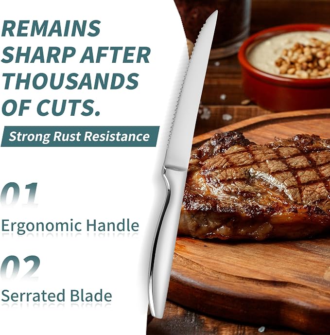 SuperCook Steak Knives Set of 12, Stainless Steel, High End, Serrated, Dishwasher Safe, Silver