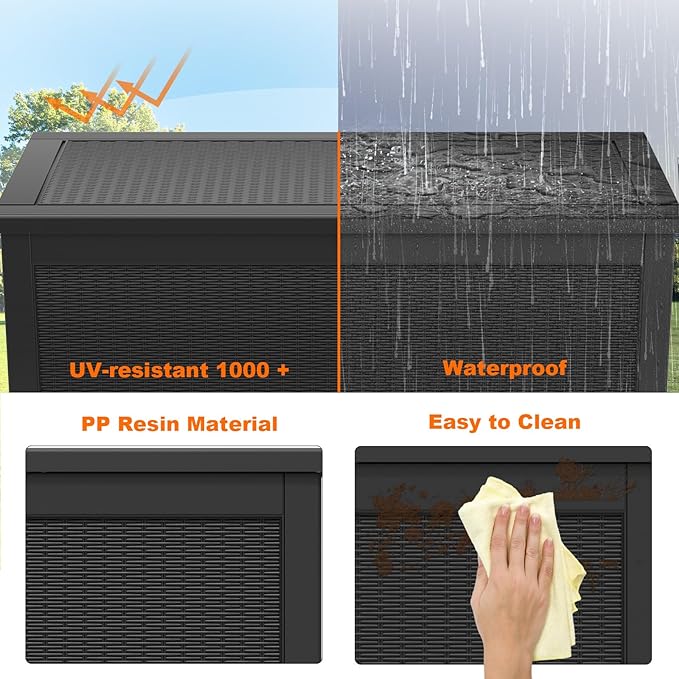 DRATO 320 Gallon Deck Boxes Outdoor Waterproof, Lockable Outdoor Storage Box for Patio Furniture Pool Supplies Garden Tools, Weatherproof Resin Storage Box for Backyard (Black, 320 Gallon)