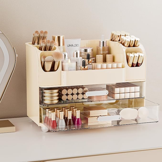 Delamu Large Makeup Organizer Countertop with 6 Brush Holders, Makeup Organizers for Vanity with 2 Large Drawers, Easy to Store Skincare, Lipsticks, Nail Polishes, Eyeshadow Palettes, Cream White