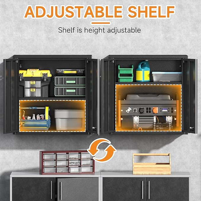 Metal Garage Wall Cabinet with 2 Doors and 1 Adjustable Shelf,Lockable Floating Tool Cabinet with Pegboard,Black Steel Storage Cabinet for Kitchen,Office,Garage,Laundry,Warehouse(Black, 26" H)