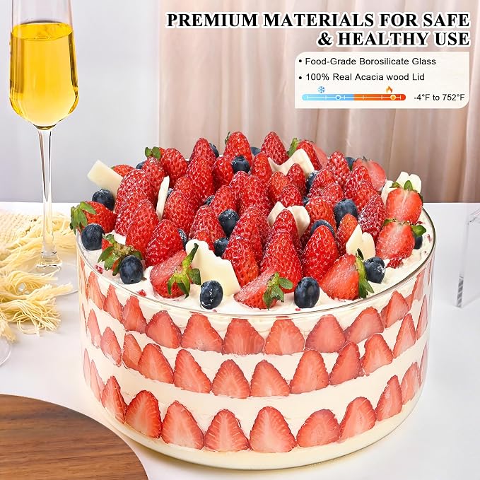 LOVYANXUE Glass Trifle Bowl with Acacia Wood Lid, 197 oz Large Glass Salad Bowl - Versatile Mixing and Serving Dish for Cake, Salad, Fruit, Baking, Dessert, Meal Prep, Storing, Microwave & Oven Safe