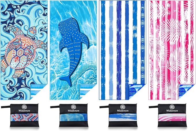 Widdonen Microfiber Beach Towel,Compact 4 Pack-71x32 Inch with Bag Travel | Extra Large,Lightweight,Thin,Sand Free,Quick Dry,Absorbent.Packable for Camping,Swim,Pool,Bath,Picnic,Cruise Essentials Gift