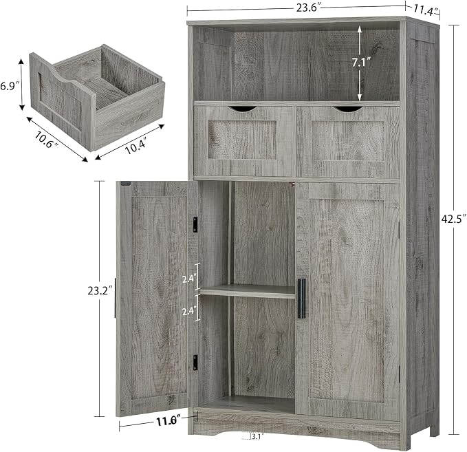Iwell Storage Cabinet with 2 Drawers & 2 Adjustable Shelves | Kitchen Cabinet, Cupboard, for Living Room, Kitchen, Entryway, Home Office, Grey