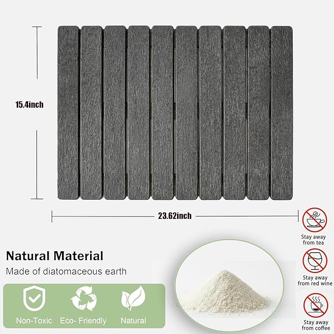 Large Stone Drying Mat for Kitchen Counter, Quick Dry Stone Drying Mat, Foldable Water Absorbing Diatomaceous Earth Dish Drying Mat for Plate Rack Bottles Utensils(Dark Gray 24"×16" & 4" Coaster)