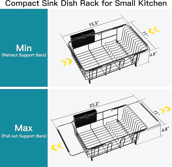 JASIWAY Black Dish Drying Rack in Sink, Dish Drainer with Utensil Holder | Over The Sink Expandable Stainless Steel Strainer Dryer Rack for Small Kitchen, Counter Space Saving, Fast Drain, Rustproof
