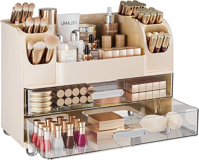 Delamu Large Makeup Organizer Countertop with 6 Brush Holders, Makeup Organizers for Vanity with 2 Large Drawers, Easy to Store Skincare, Lipsticks, Nail Polishes, Eyeshadow Palettes, Cream White