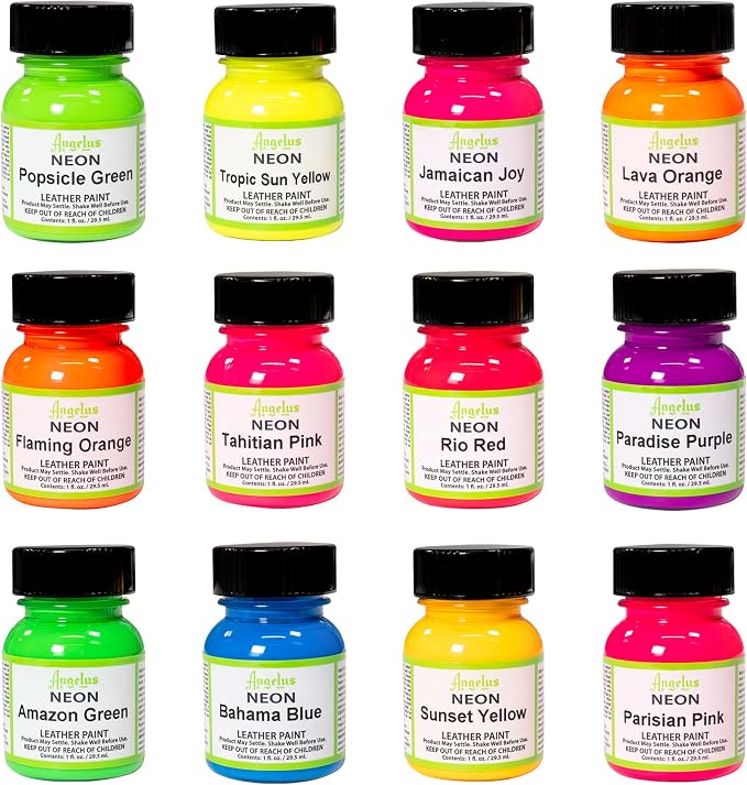 Angelus Neon Acrylic Leather Paint Set – 12 Vibrant Colors, 1 oz Each – Non-Toxic Leather, Canvas, Wood Paints for Customization and Crafting. Flexible, Mixable, Made In USA