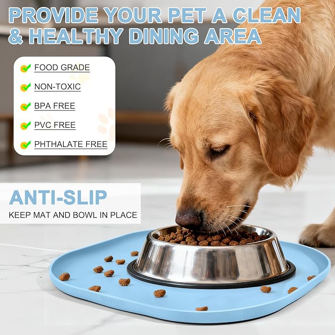 SMILOOL Waterproof Silicone Pet Food Mat with Raised Edge for Dog & Cat | 12" x 12" Non-Slip Small Pet Feeding Mats with Lip for Food & Water Bowl, Food Grade, Easy Cleaning, Light Blue