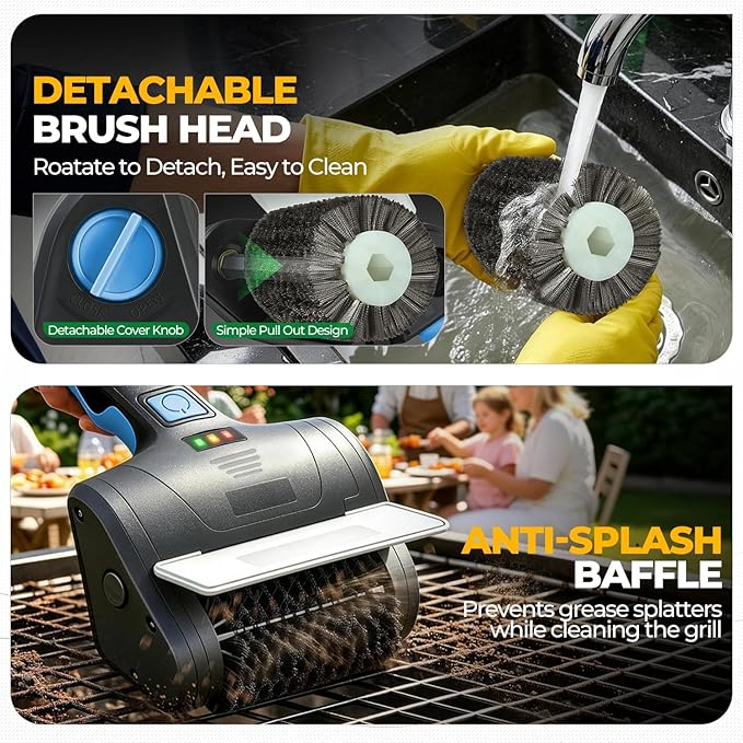 Auto Dynasty Cordless Electric Grill Brush, 304 Stainless Steel BBQ Brush with Rotating Scrub Head, Rechargeable, Type-C Fast Charging for Gas/Charcoal/Outdoor Grill, Blue/Black