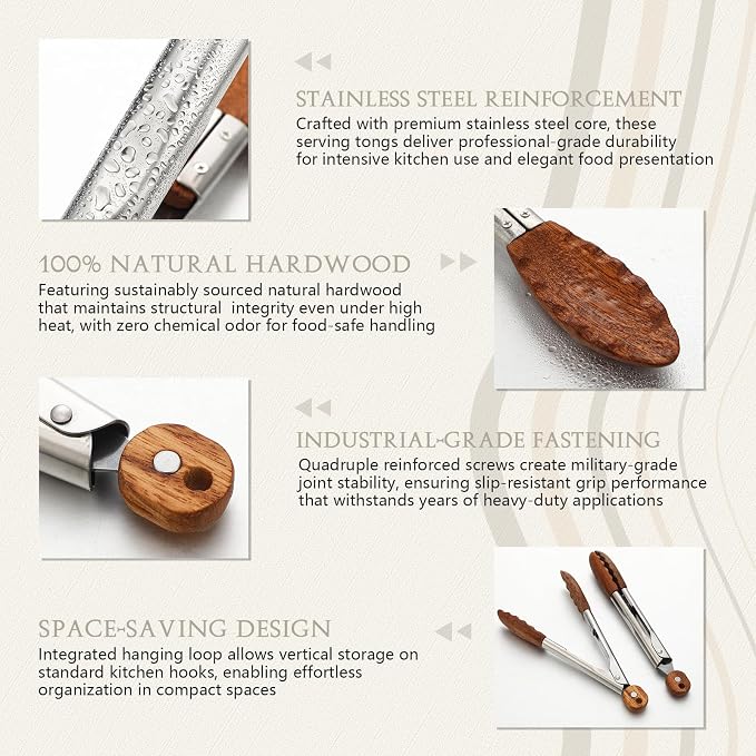 Honeydak 6 Pcs Walnut Wooden Kitchen Tongs 7 Inch Kitchen Stainless Steel Salad Tongs with Walnut Wood Tip Cooking Utensils Set for Serving Food Grilling Buffet Wedding Party Vintage Style Tableware
