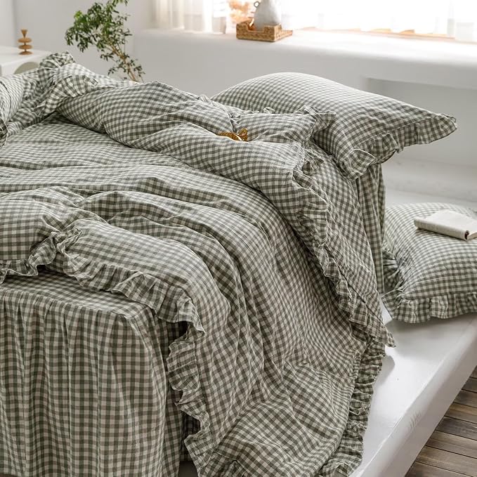 mixinni Green Gingham Ruffle Duvet Cover Full Size 3 Pieces – 100% Washed Cotton, Vintage Plaid Ruffled Bedding Set with Zipper Ties, Soft Checkered Grid Farmhouse Chic Comforter Cover Set