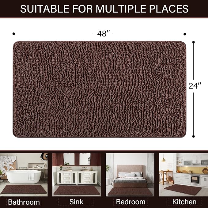 LOCHAS Luxury Bathroom Rug Shaggy Bath Mat 24 x 48 Inch, Brown | Washable Non Slip Bath Rugs for Bathroom Shower, Soft Plush Chenille Absorbent Carpets