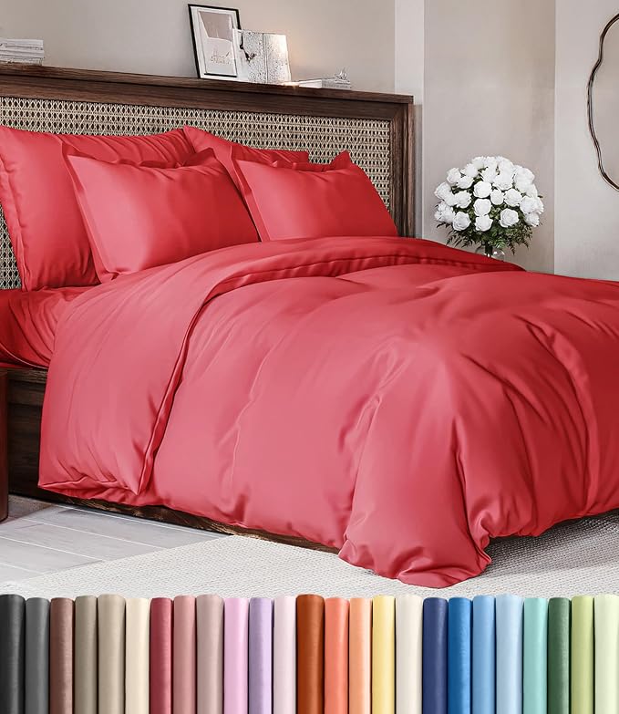 Duvet Cover Full Size Set - Extra Soft Full Duvet Cover 80" x 90" with 2 Pillow Shams for Women, Men, Kids & Teens - Hotel Luxury, Easy-Care w/ Zipper Closures & Ties - Comfy, Cozy & Breathable (Red)