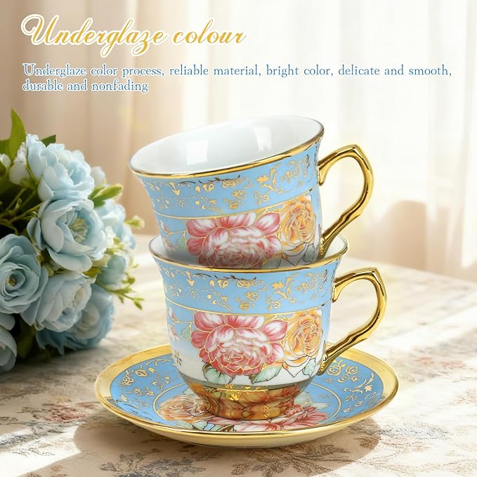 ALIMOTA 20 Pcs Porcelain Tea Set with Metal Holder and Spoon, European Ceramic Tea Set for Adults, European Flower Painting Teapot Cup Saucer Spoon Set for 6, Gift Pack (Blue)