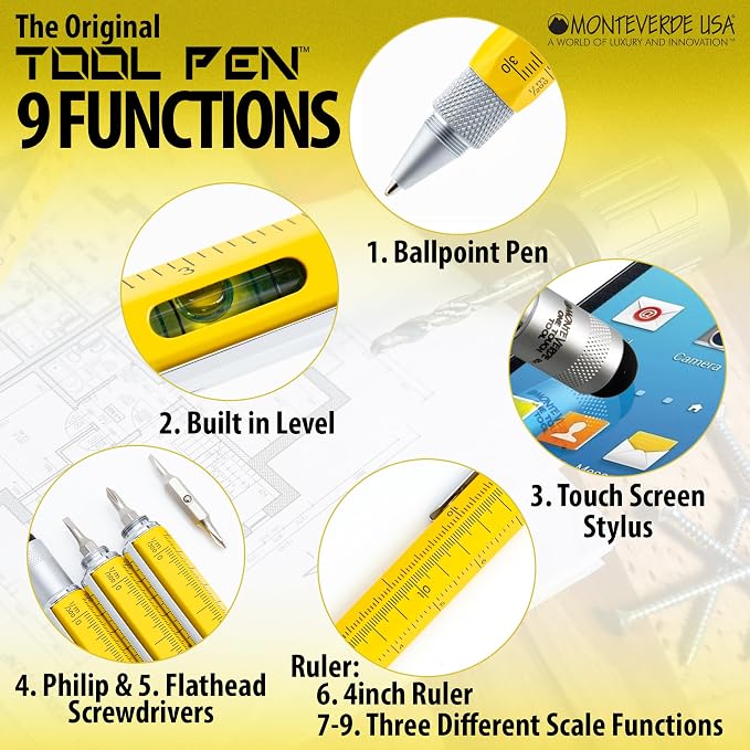 Monteverde One Touch Tool Set Ballpoint Pen with Stylus Yellow + Tool Pencil – Original Multifunction Pen Set from the Exclusive Collection – Ideal Gift for Engineers (MV35459)