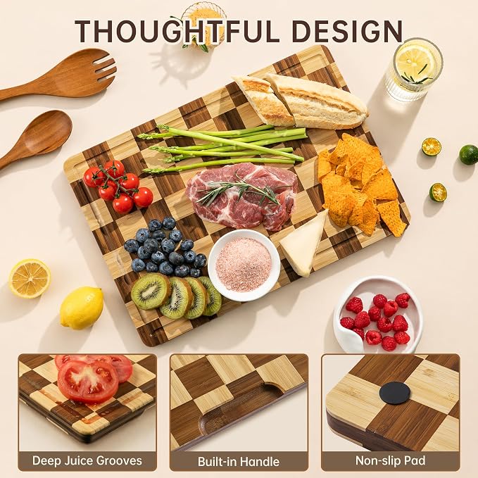 Checkered Cutting Board Set, Bamboo Cutting Board for Kitchen | 3pc, Non-Toxic, with Juice Groove,Wooden Charcuterie Boards, Non Slip Chopping Board, Housewarming Gift