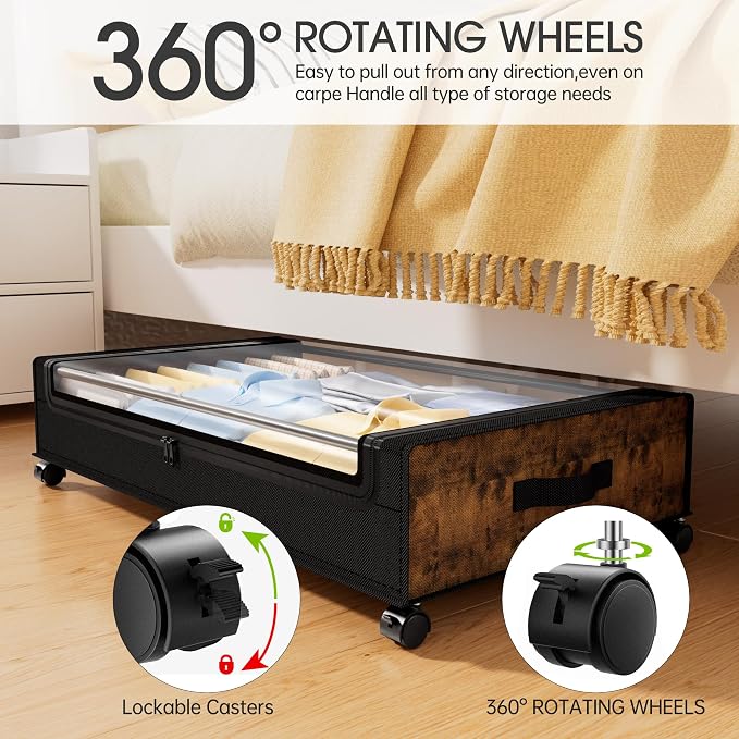 Yecaye Under Bed Storage with Wheels, 4 Pack Under Bed Storage Containers, Underbed Shoe Storage Organizer, Rolling Under Bed Metal Drawers for Clothes, Blankets, Brown