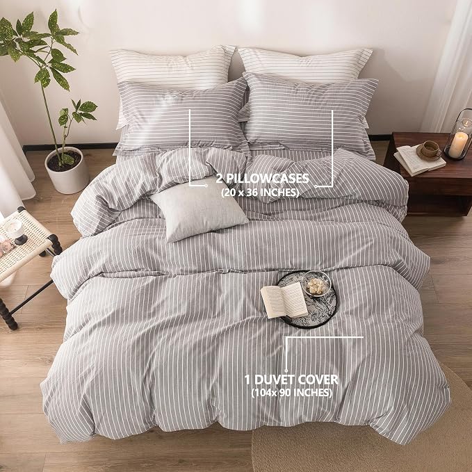 Stripe Duvet Cover King Size 104inch x 90inch, 100% Washed Cotton Linen Feel Duvet Cover, Pinstripe Duvet Cover with Zipper Closure and 2 Pillowcases, Color of Grey and White Stripe