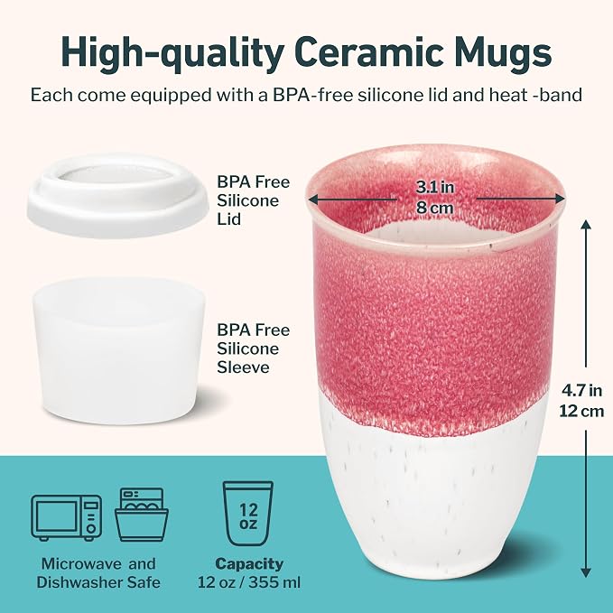 NOVA CERAMICS Travel Mugs - Ceramic Tumbler With Lid – Ceramic Travel Mug To Go Cup – Microwave & Dishwasher Safe Ceramic Coffee Tumbler - Gifts For Women Men Him Her – 12oz – Coral Pink