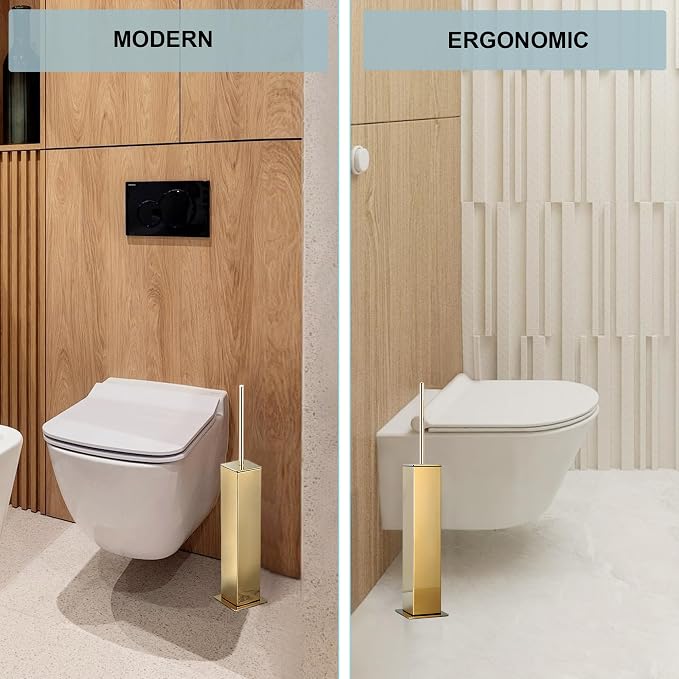 Gold Toilet Brush with Holder 304 Stainless Steel Toilet Bowl Brush, Square Bathroom Cleaner Brush