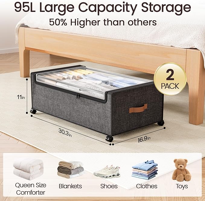 Yecaye 95L Under Bed Storage Containers, Fits 11" Under Bed, 2 Pack, Grey | XXL Capacity, 360° Rolling Wheels, Sturdy Metal Frame, Clear Window & Label, Storage Bins for Clothes, Shoes, Blankets