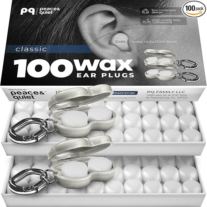 Peace&Quiet | PQ 100 Wax Ear Plugs for Sleeping - Silicone Wax Earplugs for Sleeping and Swimming, Gel Ear Plugs for Noise Cancelling, Sleeping Earplugs, Sound Blocking 32 Db (100 Pillows), White