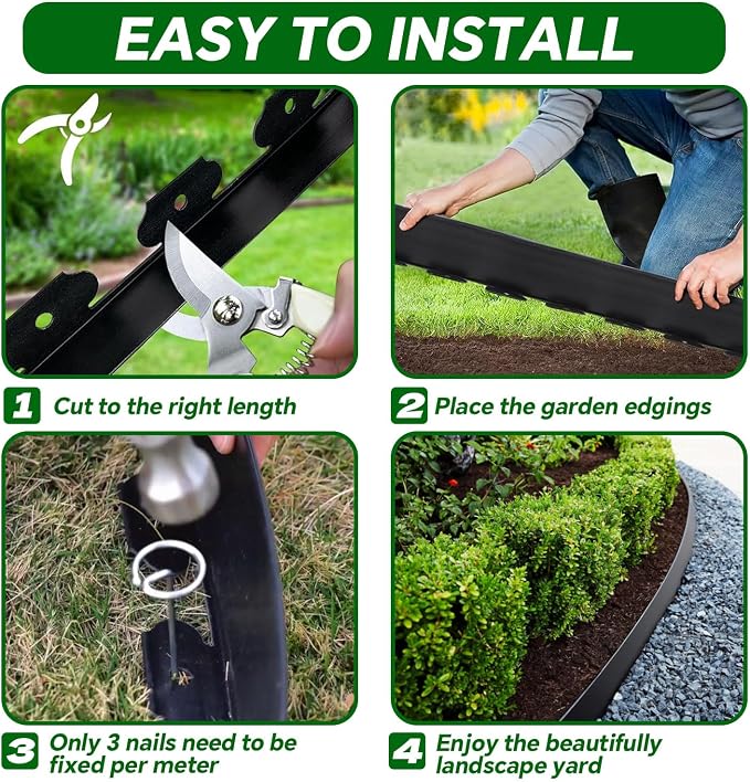 Garden Edging Border,100 Foot Lawn Edging Kit with 90 PCS Metal Spikes,2 Inch Tall Landscape Edging Roll for Garden,Lawn,Flower Beds,Grass,Yard(Black)