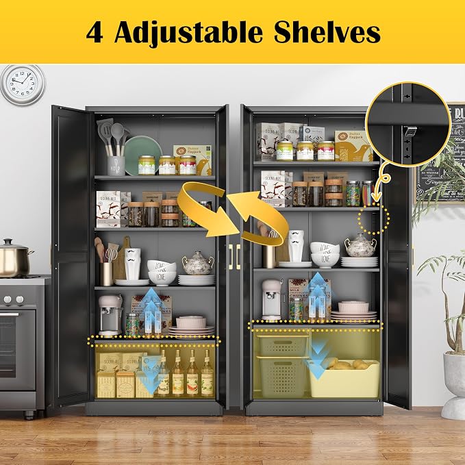Steeloong 71"Metal Pantry Storage Cabinet with Doors & 4 Adjustable Shelves | Kitchen Pantry Cabinet,Black Kitchen Cabinet with 2 Gold Handles,Tall Cabinet for Livingroom,Pantry, Bathroom,Kitchen,Garage