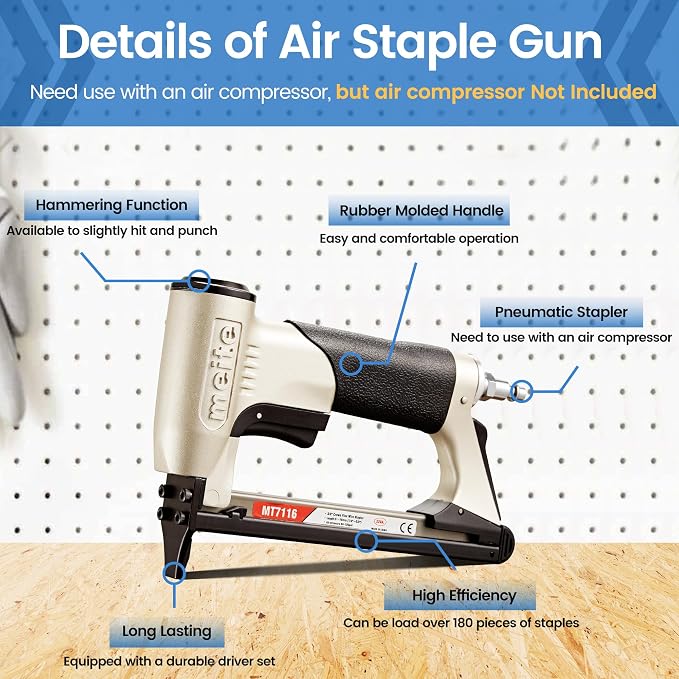 meite MT7116 Pneumatic Staple Gun, 22 Gauge 71 Series 3/8-Inch Crown 1/4-Inch to 5/8-Inch Length Air Upholstery Stapler Gun