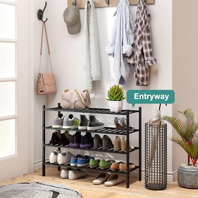viewcare Black 4-Tier Long Shoe Rack, Bamboo Wood, 33-Inch