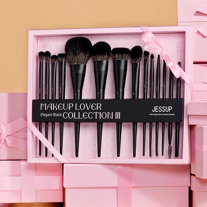Jessup Makeup Brushes Set Jessup Make up Brushes 14Pcs Black Kabuki Foundation Eyeshadow Contour Concealer Powder Eyeliner Crease Eyebrow Blending Brush with Gift Box, T336-G