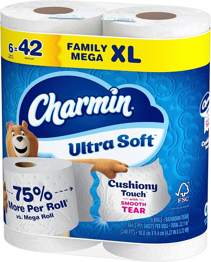 Charmin Ultra Soft Cushiony Touch Toilet Paper, 6 Family Mega XL Rolls = 42 Regular Rolls