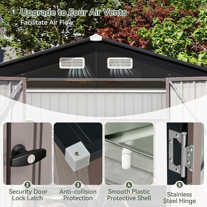 Aoxun 8'x6' Outdoor Storage Shed with Base, Brown | Metal Shed with Lockable Doors & Slooping Roof Garden Tool Shed for Backyard, Patio, Poolside