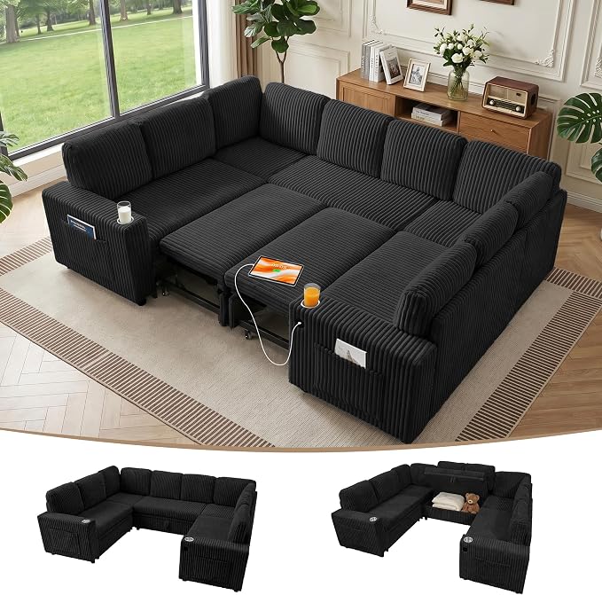 Oversized U Shaped Sectional Sleeper Sofa with Pull Out Bed, Black | 8 Seat Modular Design, Hidden Storage Space, Soft Corduroy Fabric, USB Charging, Cup Holders, Removable Covers, Easy Assembly