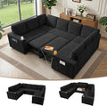 Oversized U Shaped Sectional Sleeper Sofa with Pull Out Bed, Black | 8 Seat Modular Design, Hidden Storage Space, Soft Corduroy Fabric, USB Charging, Cup Holders, Removable Covers, Easy Assembly