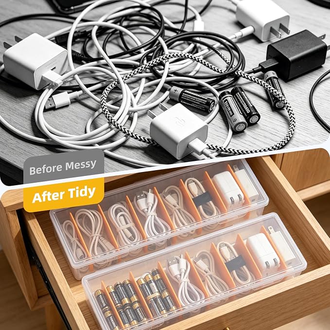 VZZNN 5 Pack Clear Cable Organizer Box with Lid, Plastic Cord Storage Case for Chargers, Power Cords, Electronics Accessories – Transparent Desk Organizer, Stackable, Adjustable Dividers
