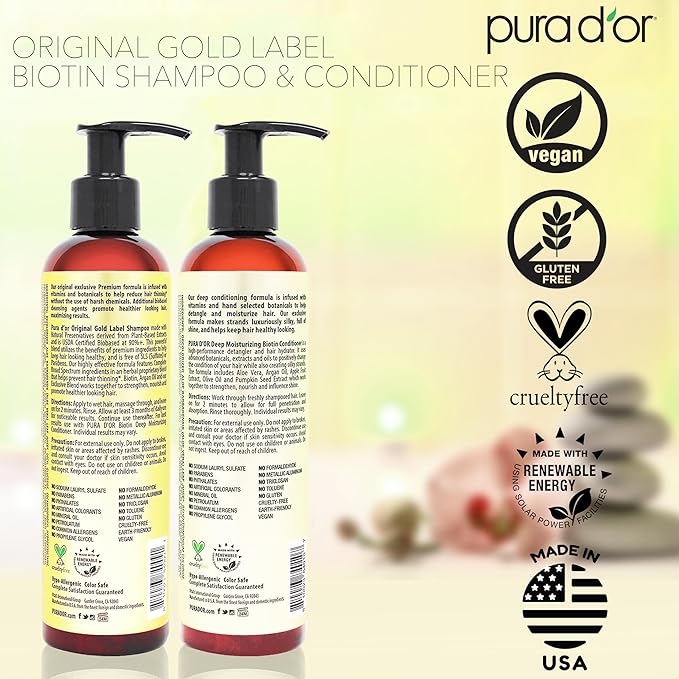PURA D'OR Anti-Thinning Biotin Shampoo and Conditioner, CLINICALLY TESTED Effective Results, Herbal Blend Thickening Products For Women & Men, Original Gold Label Set, Natural Earthy Scent, 8oz x2