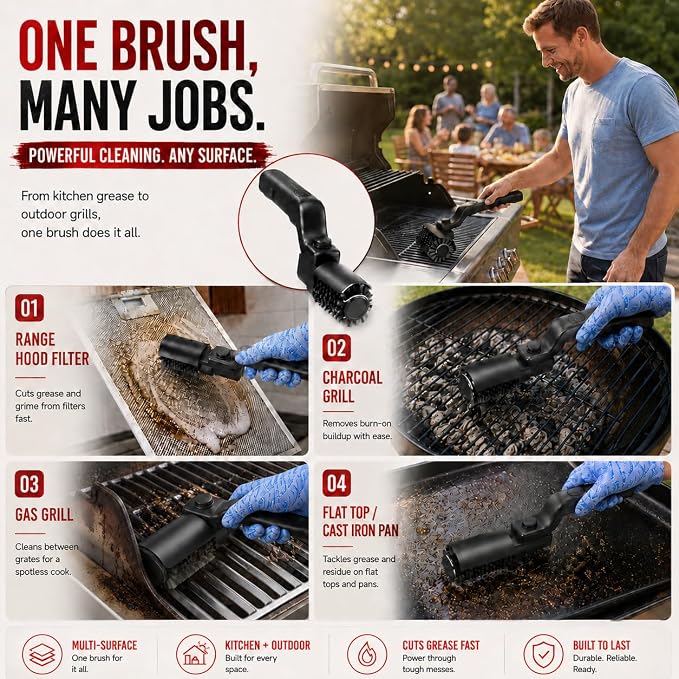 Electric Grill Brush Rechargeable, Cordless Rotary BBQ Cleaner with 3 Speeds, 180° Adjustable Head, Detachable Brush Heads for Outdoor Gas and Charcoal Grills, Black